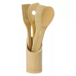 Excellent Houseware Drewniany zestaw kuchennych przyborów w stojaku, 5 szt.